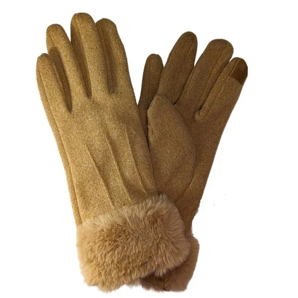 Jack & Missy NWT Gloves Super Soft Faux Fur Trim Camel Brown Text Phone Fingers - Picture 4 of 6